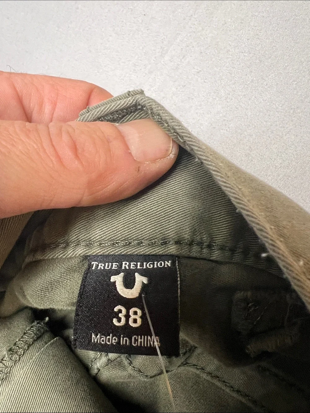 True Religion Olive Green Straight Jeans with Distressed Patchwork